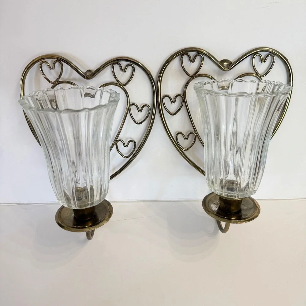 Set Vintage Gold Tone Heart Wall Sconces Candle Holder Home Interior Glass Shade
